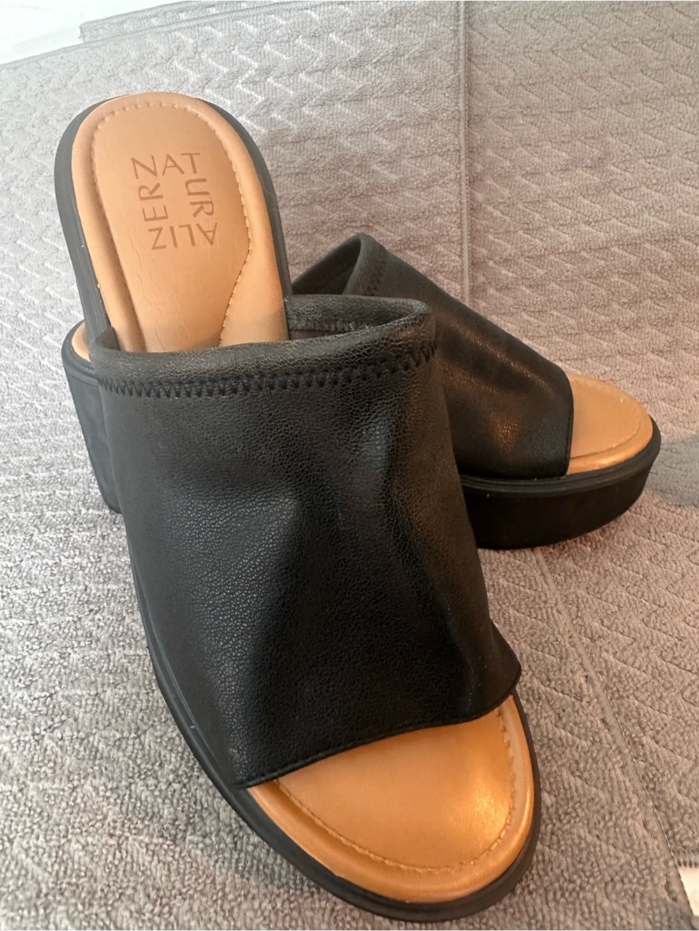 Naturalizer Black Leather Platform Slide Mules with Tan Footbed